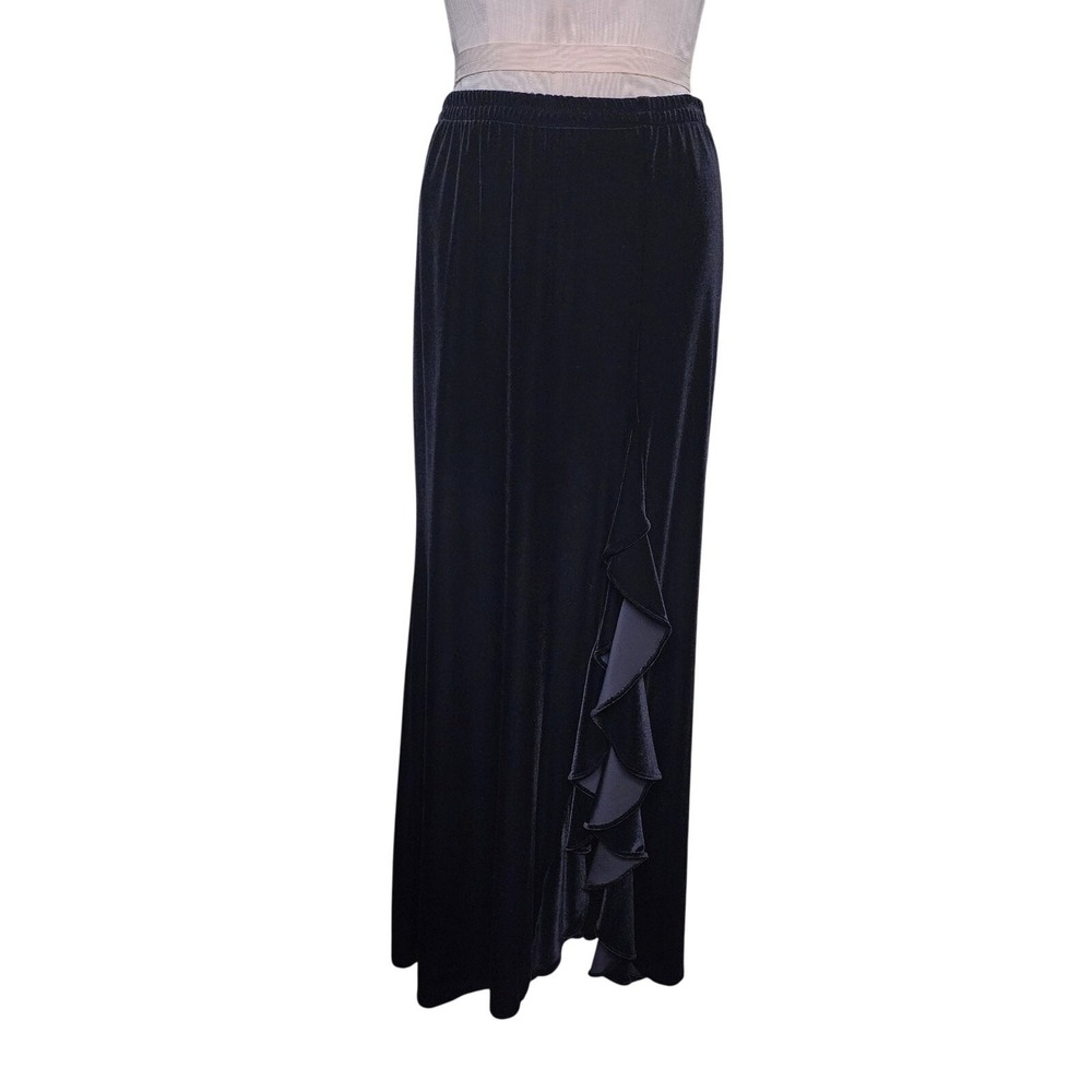 Patra Women's Long Black Velvet Straight Skirt Slit Ruffles on Side Size 8